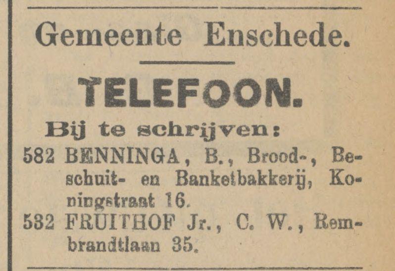 Koningstraat 16 B. Benninga Brood-, Beschuit- en Banketbakkerij advertentie Tubantia 5-4-1910.jpg