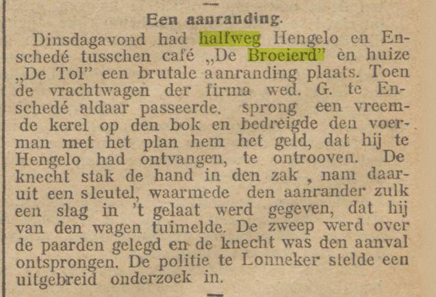 Hengelosestraat De Broeierd Een aanranding.. Nieuwsblad van het Noorden. Groningen, 15-02-1912.jpg