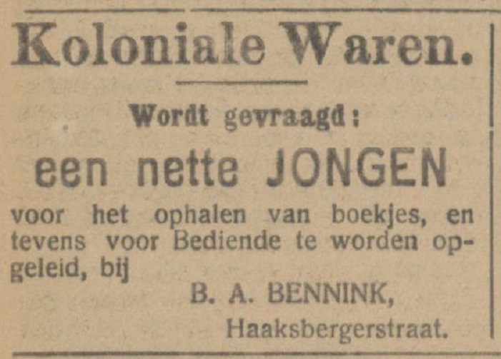 Haaksbergerstraat B.A. Bennink Koloniale waren advertentie Tubantia 4-4-1914.jpg