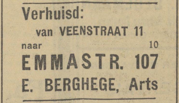 Veenstraat 11 Emmastraat 107  E. Berghege, arts advertentie Tubantia 8-6-1929.jpg