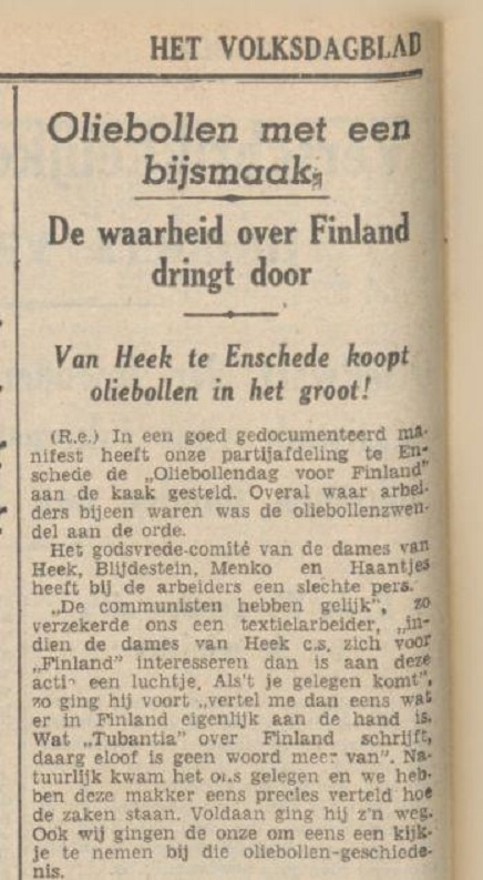 Van Heek Enschede koopt oliebollen krantenbericht Volksdagblad voor Nederland 30-1-1940.jpg