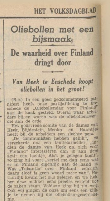 Van Heek Enschede koopt oliebollen krantenbericht Volksdagblad voor Nederland 30-1-1940.jpg