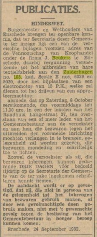 Zuiderhagen 103 Firma J. Beukers hinderwet krantenbericht 27-9-1932.jpg