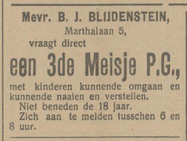 Marthalaan 5 B.J. Blijdenstein advertentie Tubantia 5-5-1916.jpg