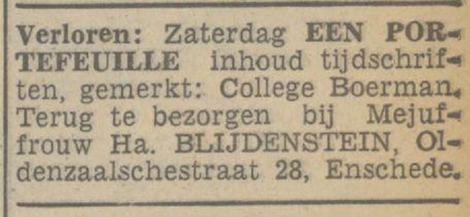 Oldenzaalsestraat 28 Mej. Ha. Blijdenstein advertentie Tubantia 20-4-1938 .jpg