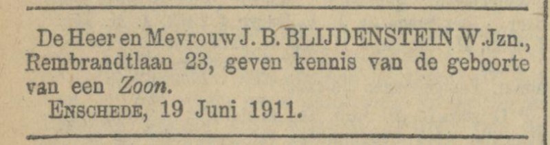 Rembrandtlaan 23 J.B. Blijdenstein W. Jzn. familiebericht 21-6-1911.jpg