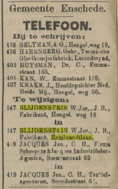 Rembrandtlaan Blijdenstein W.Jzn.,J.B. telefoon 247 advertentie Tubantia 15-6-1911.jpg