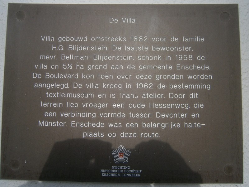 Espoortstraat 182 vroeger Gronausestraat 136 Blijdensteinpark villa H.G. Blijdenstein monuentenbord nr. 47.JPG