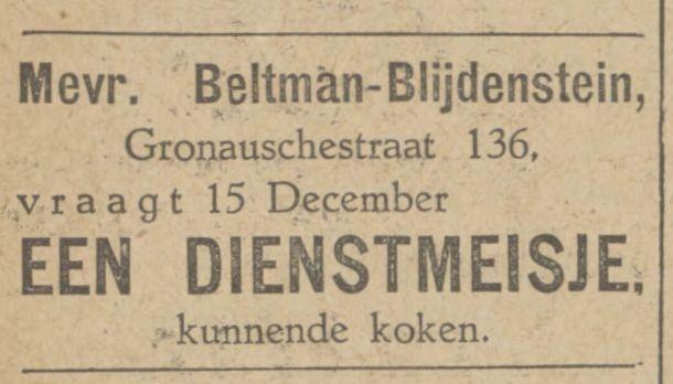Gronausestraat 136 Mevr. Beltman-Blijdenstein advertentie Tubantia 1-11-1926.jpg