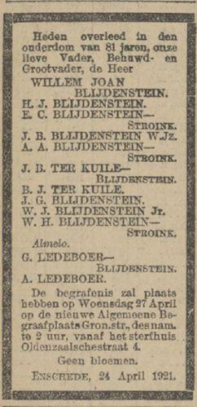Oldenzaalsestraat 4 W.J. Bijdenstein overlijdensadvertentie 25-4-1921.jpg