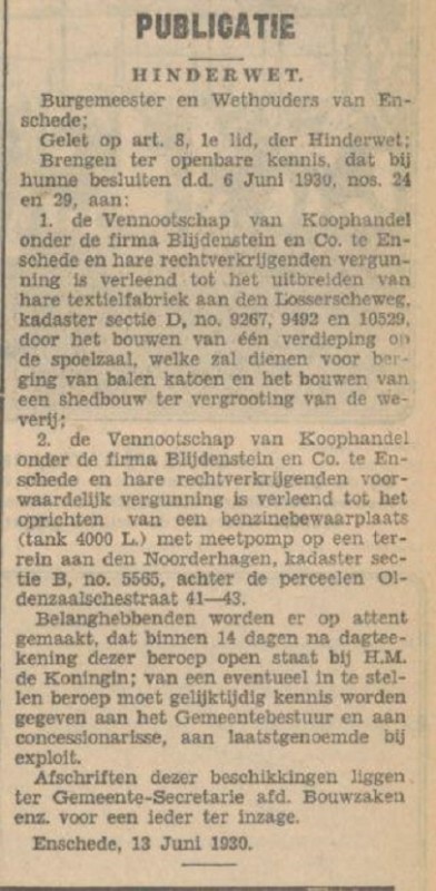 Oldenzaalsestraat 41-43 Blijdenstein & Co hinderwet publicatie Tubantia 14-6-1930.jpg