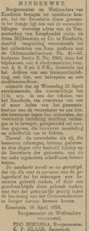 Oldenzaalsestraat 41-43 Blijdenstein & Co hinderwet publicatie Tubantia 17-4-1924.jpg