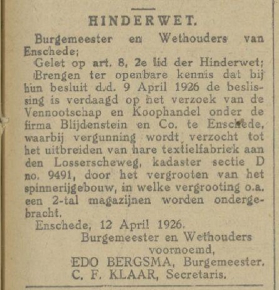 Losserscheweg Blijdenstein en Co. hinderwet publicatie Tubantia 13-4-1926.jpg