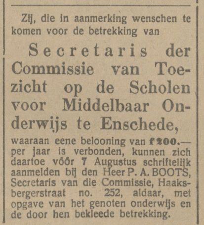 Haaksbergerstraat 252 P.A. Boots Secretaris der Commissie van Toezicht op de scholen voor Middelbbar Onderwijs advertentie Tubantia 31-7-1915.jpg