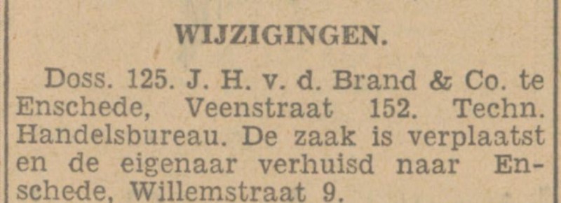 Veenstraat 152 Techn. Handelsbureaun J.H. v.d. Brand & Co. krantenbericht Tubantia 3-12-1932.jpg