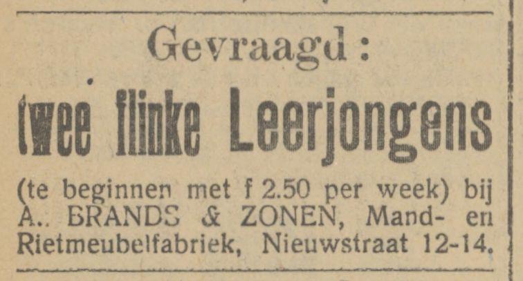 Nieuwstraat 12-14 A. Brands & Zonen Mand- en Rietmeubelfabriek advertentie Tubantia 6-4-1913.jpg