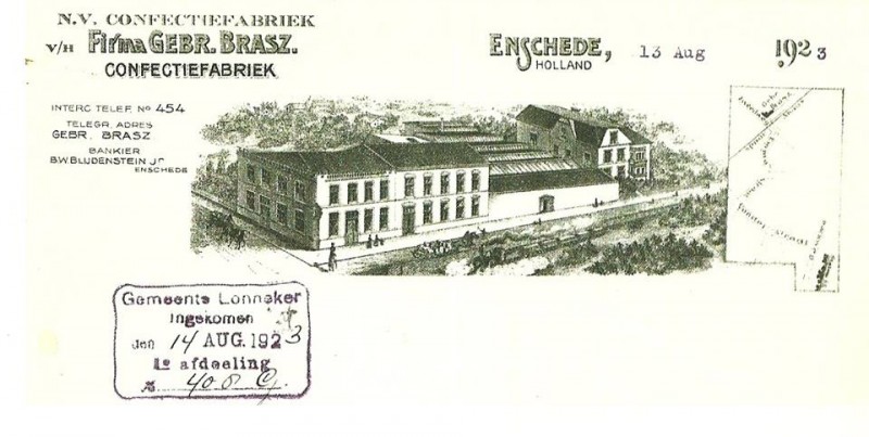 Tweede Emmastraat hoek Zwedeweg N.V. Confectiefabriek voorheen Gebr. Brasz briefhoofd 1923.jpg