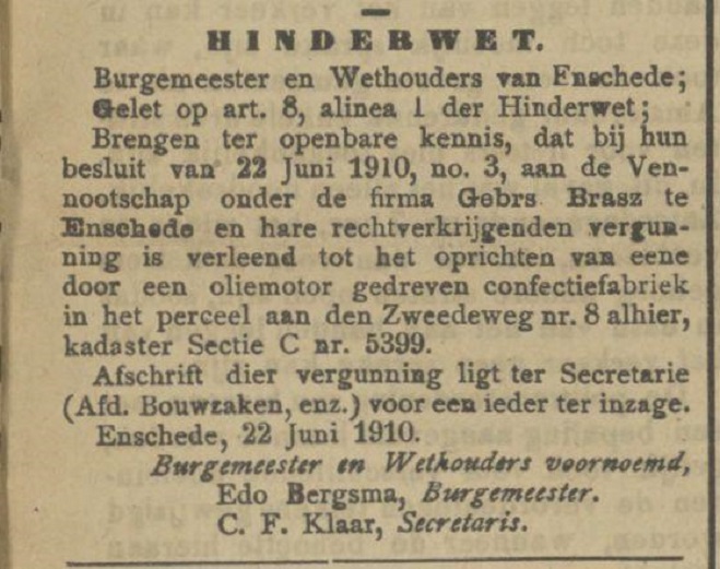 Zwedeweg 8 Gebrs. Brasz hinderwet Tubantia 23-6-1910.jpg