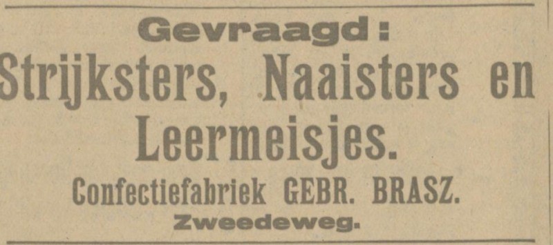 Zwedeweg 8 Confectiefabriek Gebr. Brasz advertentie Tubantia 19-8-1921.jpg