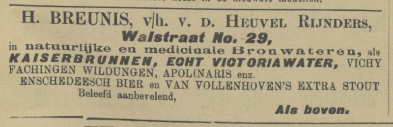 Walstraat 29 H. Breunis vh v.d. Heuvel Rijnders in minerale en medeicinale bronwateren advertentie Tubantia 2-3-1907.jpg