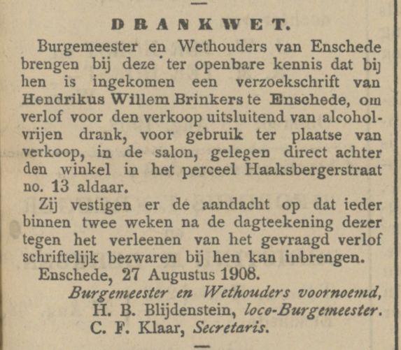 Haaksbergerstraat 13 Hendrikus Willem Brinkers Drankwet Tubantia 27-08-1908.jpg