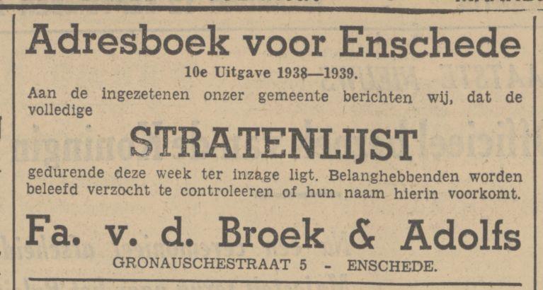 Gronausestraat 5 Fa. v.d. Broek & Adolfs advertentie Tubantia 12-9-1938.jpg