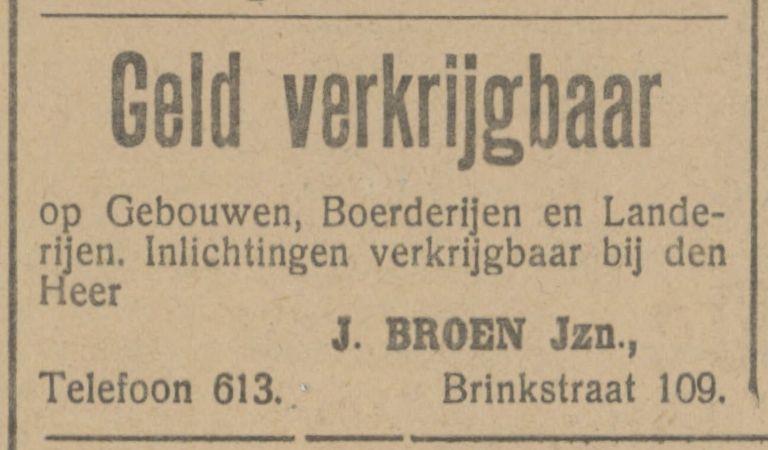 Brinkstraat 109 J. Broen Jzn. telefoon 613 advertentie Tubantia 20-1-1914.jpg