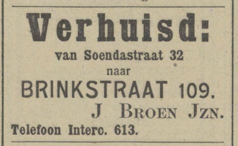 Soendastraat 32 J. Broen Jzn telefoon 613 advertentie Tubantia 15-9-1913.jpg