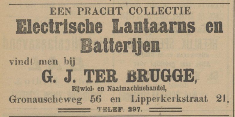 Gronauseweg 56 Lipperkerkstraat 21 G.J. ter Brugge Rijwiel- en Naaimachinehandel advertentie Tubantia 4-12-1912.jpg