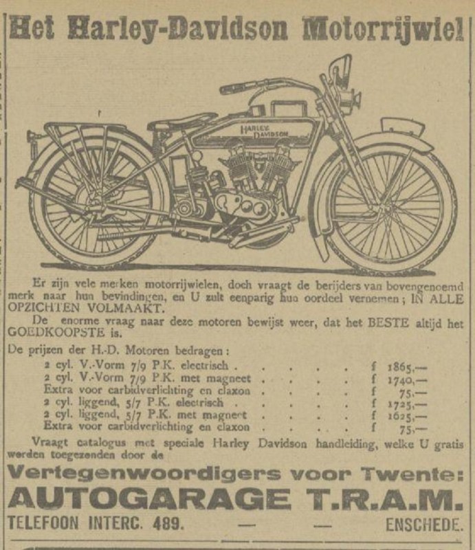 Hengelosestraat 120 Autogarage T.R.A.M. Harley-Davidson Motorrijwiel advertentie Tubantia 4-2-1921.jpg