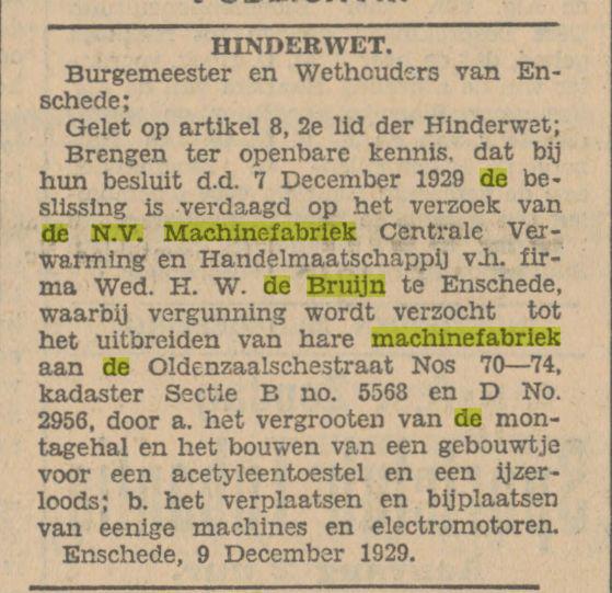 Oldenzaalsestraat N.V. Machinefabriek De Bruijn Twentsch dagblad Tubantia en Enschedesche courant. Enschede, 10-12-1929..jpg