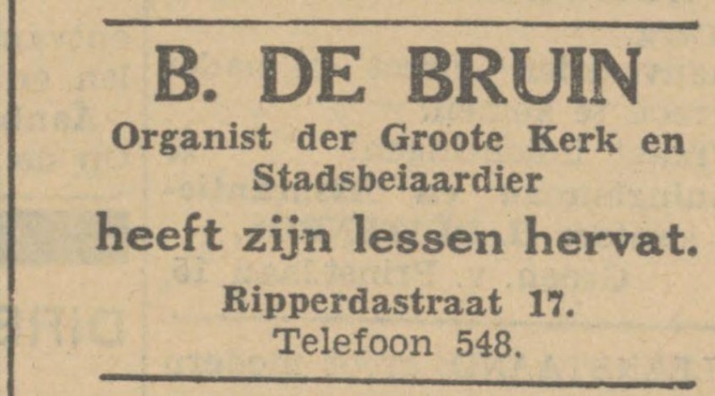 Ripperdastraat 17 B. de Bruin Organist der Groote Kerk en Stadsbeiaardiern advertentie Tubantia 24-8-1931.jpg