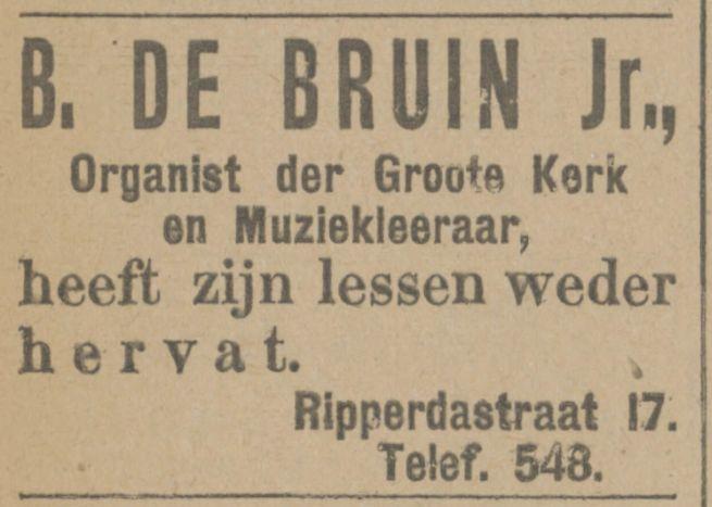 Ripperdastraat 17 B. de Bruin Jr. Organist der Groote Kerk en Muziekleeraar advertentie Tubantia 19-8-1914.jpg