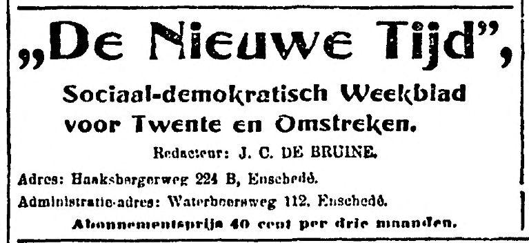 Haaksbergerweg 224B J.C. de Bruine Redacteur De Nieuwe Tijd advertentie 29-1-1914.jpg