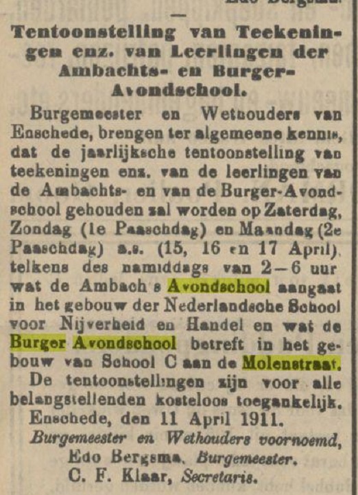 Molenstraat Burger Avondschool school C krantenbericht Tubantia 11-4-1911.jpg