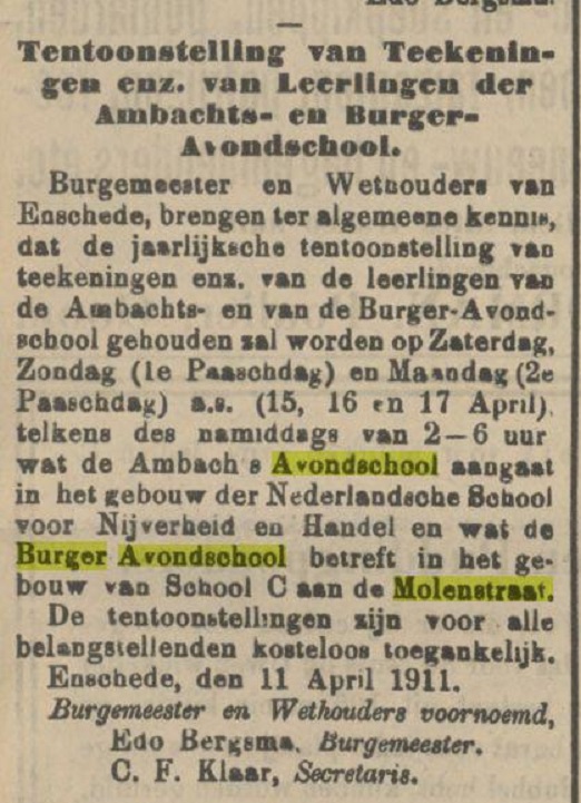 Molenstraat Burger Avondschool school C krantenbericht Tubantia 11-4-1911.jpg