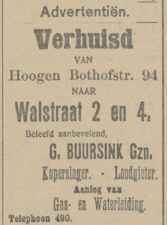 Walstraat 2-4 G. Buursink Gzn. Koperslager Loodgieter advertentie Tubantia 29-1-1913.jpg