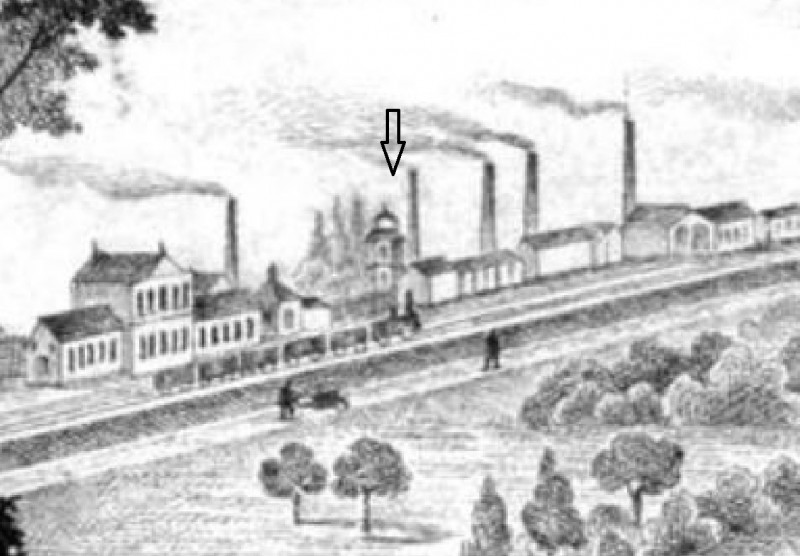 Enschede 1870 gebouw rechts naast station is een watertoren.jpg