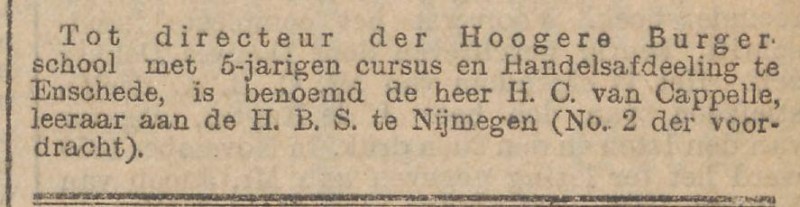 H.C. van Capelle directeur der Hoogere Burgerschool krantenbericht 7-5-1910.jpg