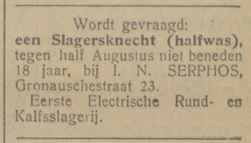 Gronausestraat 23 Eerste Electrische Rund- en Kalfsslagerij I.N. Serphos advertentie Tubantia 2-8-1922.jpg