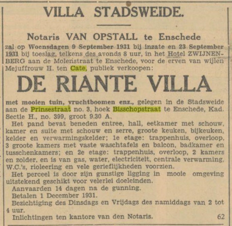Prinsestraat 3 hoek Bisschopstraat villa ten Cate advertentie Tubantia 5-9-1931.jpg