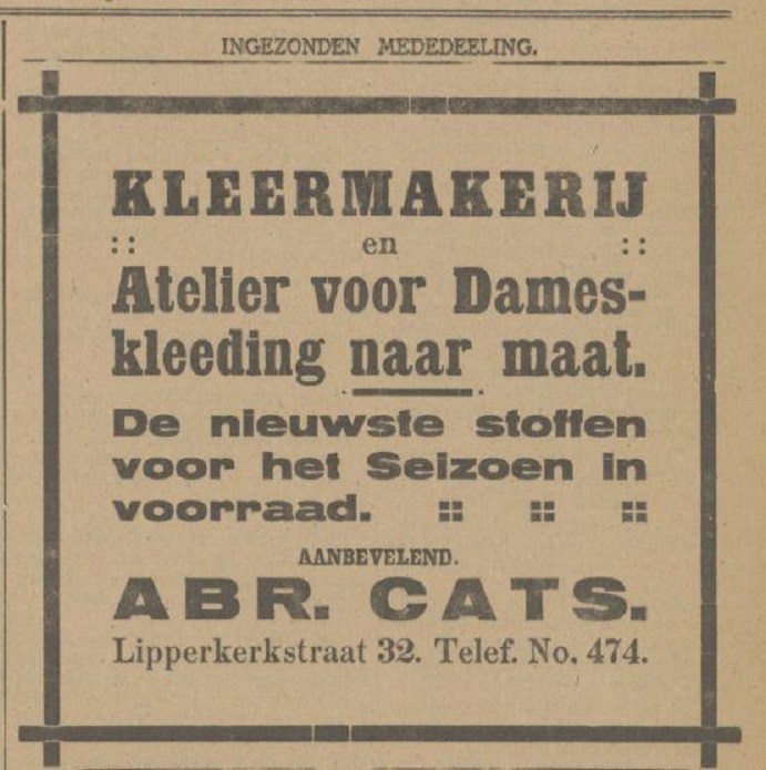 Lipperkerkstraat 32 Abr. Cats kleermakerij advertentie Tubantia 9-5-1916.jpg