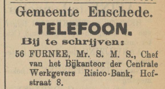 Hofstraat 8 Bijkantoor Centrale Werkgevers Risico-Bank advertentie Tubantia 13-3-1909.jpg