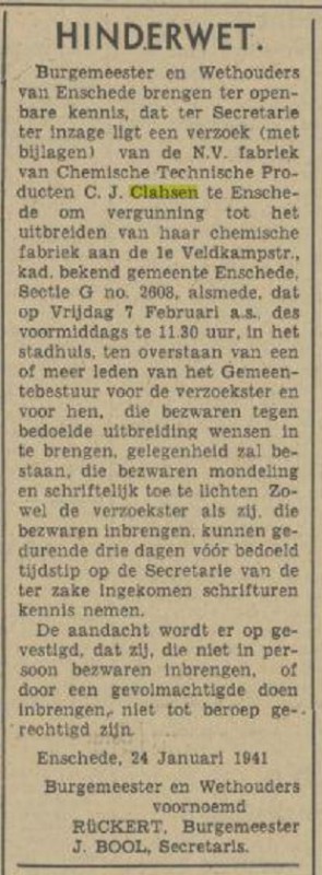 N.V. Fabriek van Chemische Technische Producten C.J. Clahsen krantenbericht Tubantia 24-1-1941.jpg