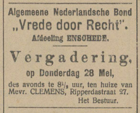 Ripperdastraat 27 Mevr. Clemens advertentie Tubantia 26-5-1914.jpg