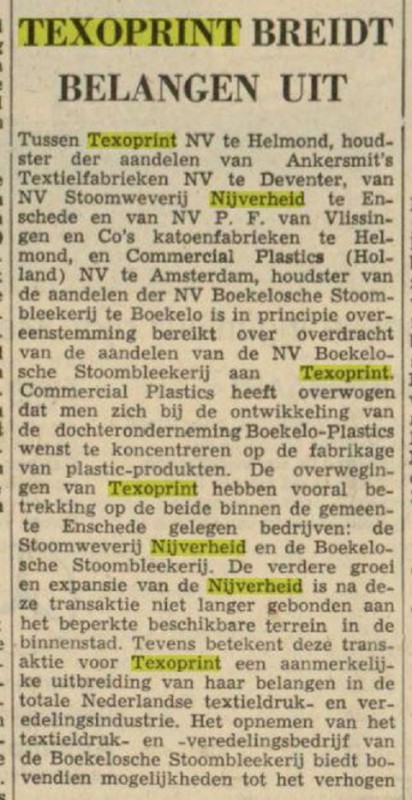 Haaksbergerstraat Stoomweverij Nijverheid wordt Texoprint krantenbericht 27-2-1965 .jpg
