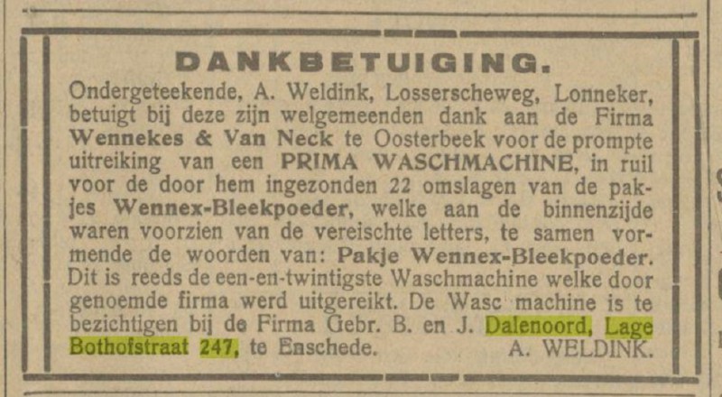 Lage Bothofstraat 247 Firma Gebr. B. en J. Dalenoord advertentie Tubantia 27-8-1921.jpg
