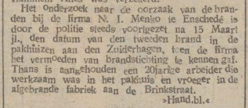 Brand Menko pakhuisknecht aangehouden krantenbericht 13-4-1909.jpg