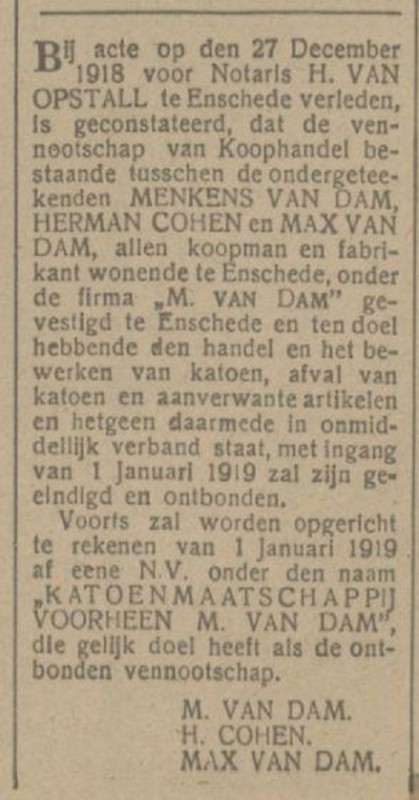 Menkens van Dam handel in katoenafval krantenbericht Tubantia 28-12-1918.jpg