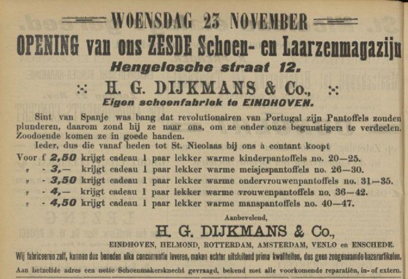 Hengelosestraat 12 Schoen- en Laarzenmagazijn Dijkmans & Co. advertentie Tubantia 22-11-1910.jpg